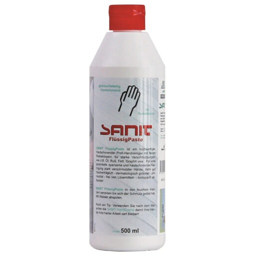 Flasche mit Sanit Flüssigpaste für Handreinigung.